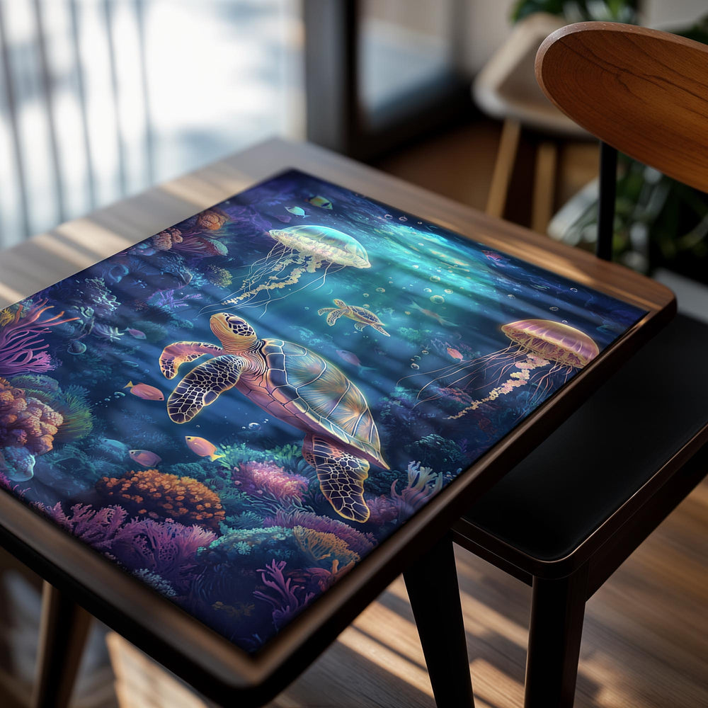 Colorful underwater scene with turtles, jellyfish, and fish swimming among corals, as a premium aluminum metal print from GoMetalPrint.