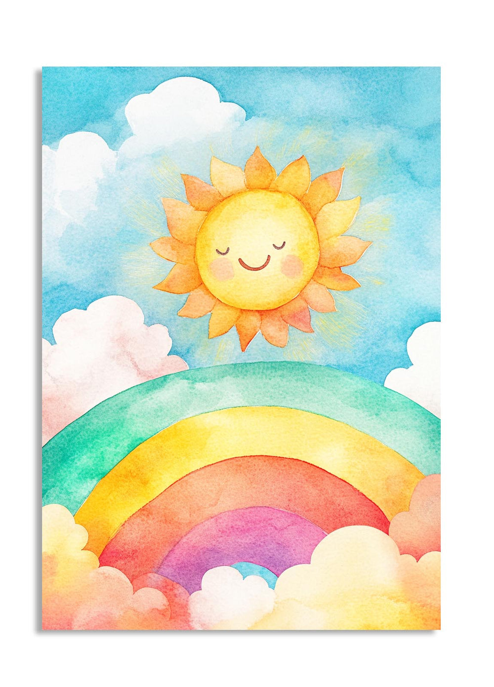 Colorful illustration of a smiling sun, rainbow, and clouds on a blue background, as a premium aluminum metal print from GoMetalPrint.
