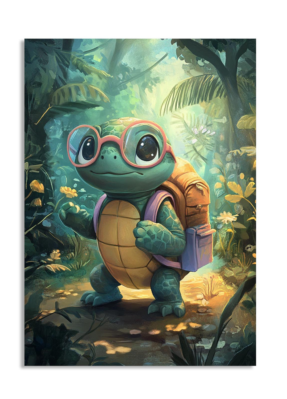 Cartoon turtle with glasses and a backpack in a forest setting, as a premium aluminum metal print from GoMetalPrint.