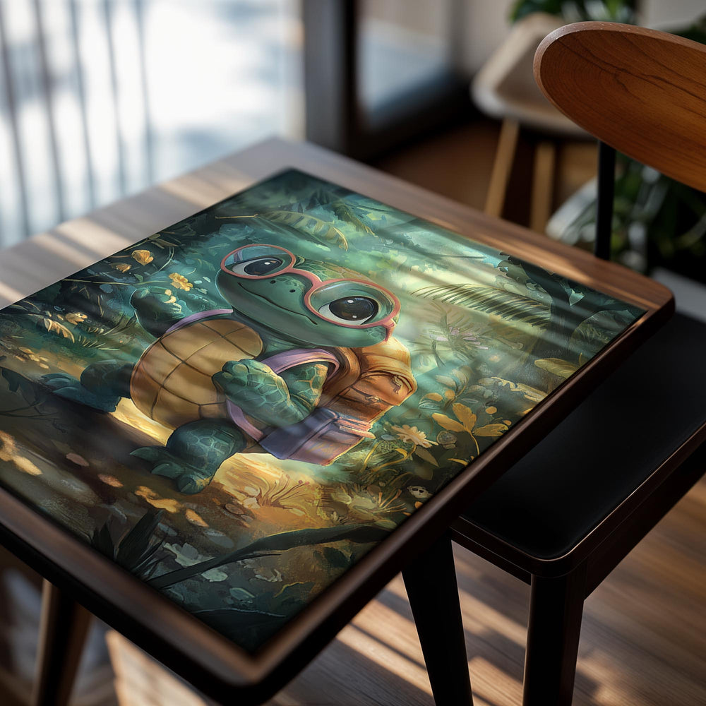 Cartoon turtle with glasses and a backpack in a forest setting, as a premium aluminum metal print from GoMetalPrint.