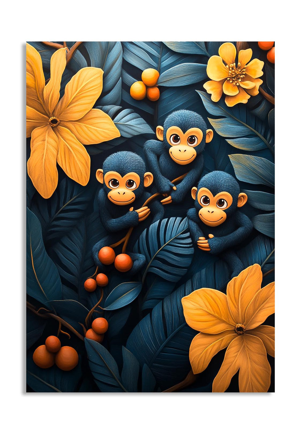Three monkeys surrounded by orange flowers and leaves on a dark background , as a premium aluminum metal print from GoMetalPrint.