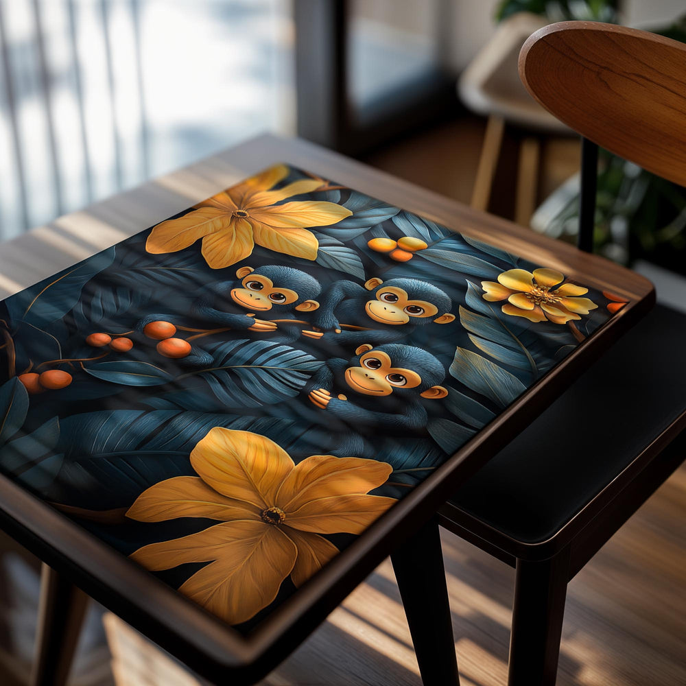 Three monkeys surrounded by orange flowers and leaves on a dark background , as a premium aluminum metal print from GoMetalPrint.