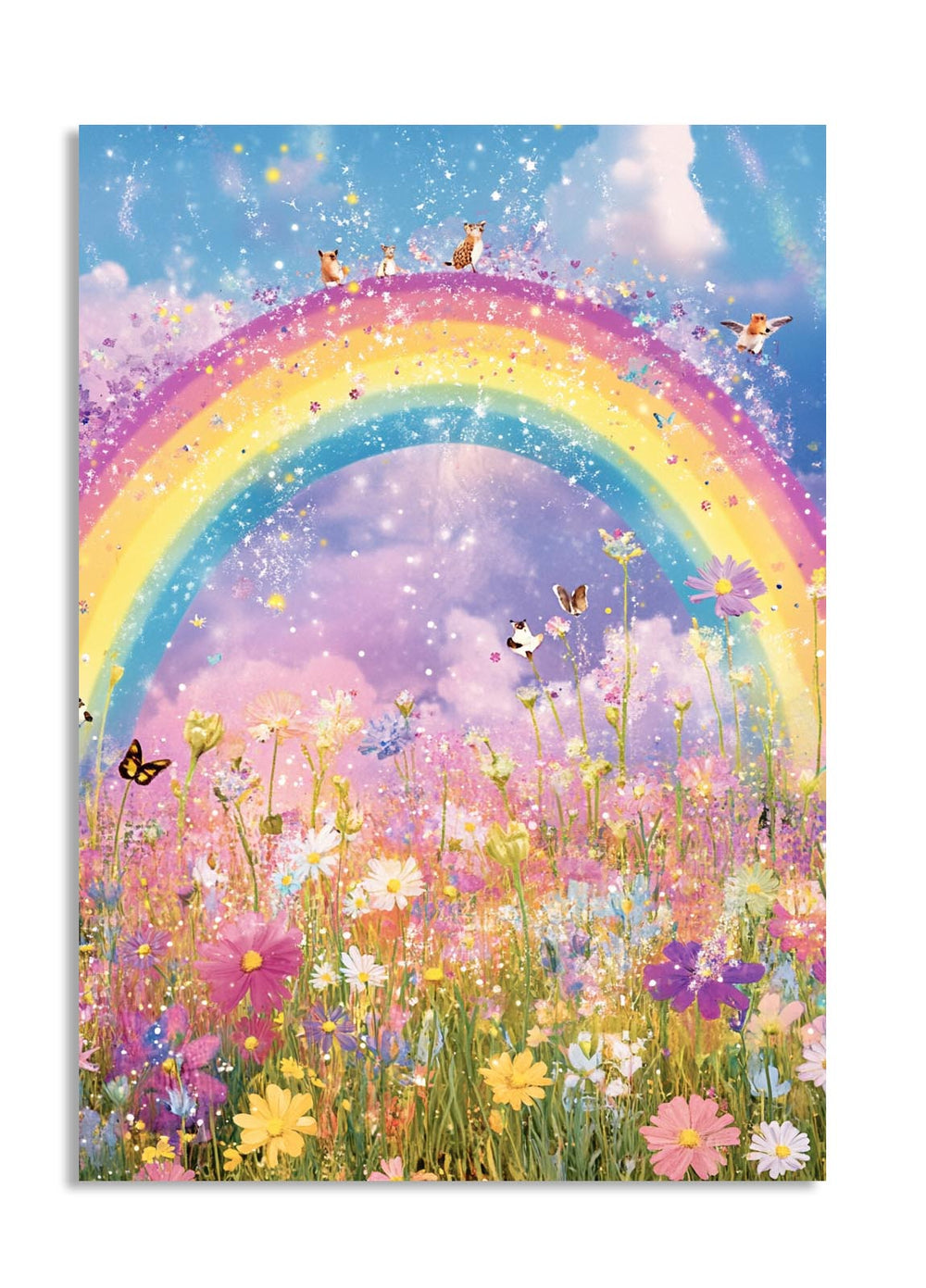 Colorful illustration of a rainbow over a field of flowers with butterflies and birds, as a premium aluminum metal print from GoMetalPrint.