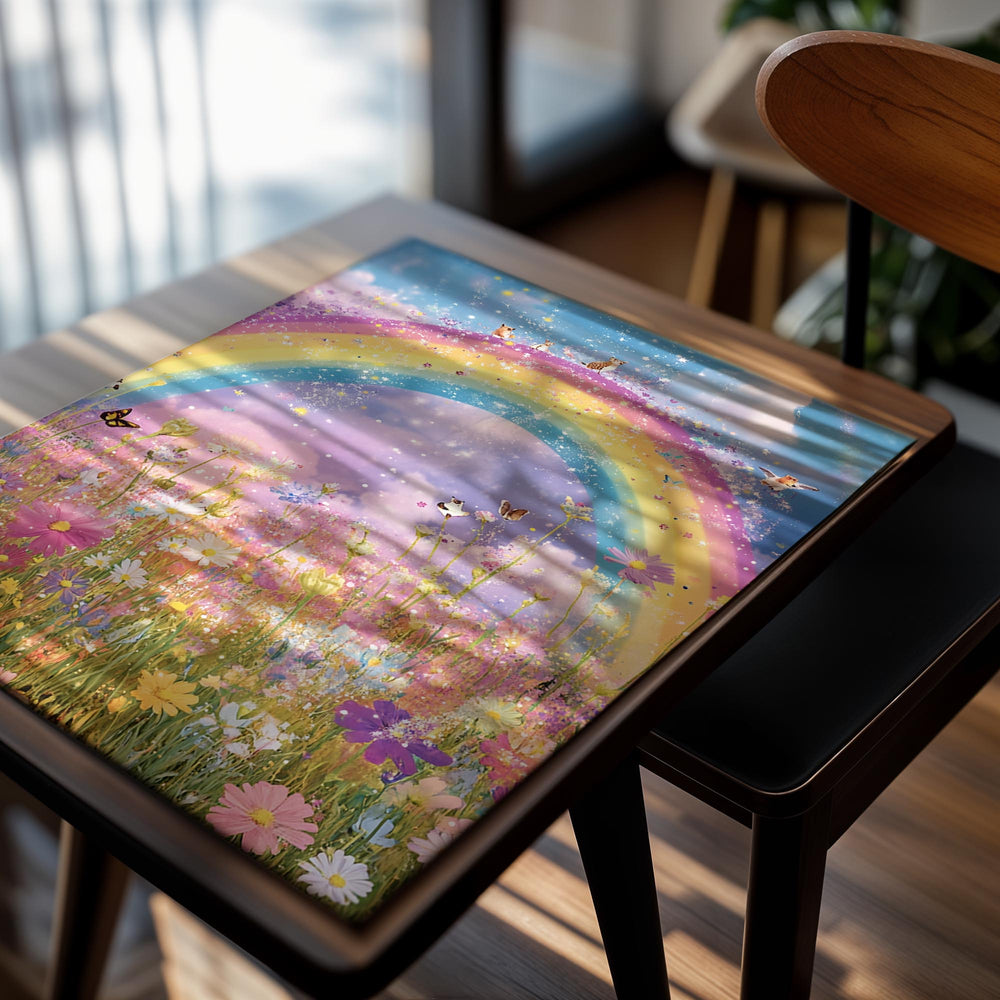 Colorful illustration of a rainbow over a field of flowers with butterflies and birds, as a premium aluminum metal print from GoMetalPrint.