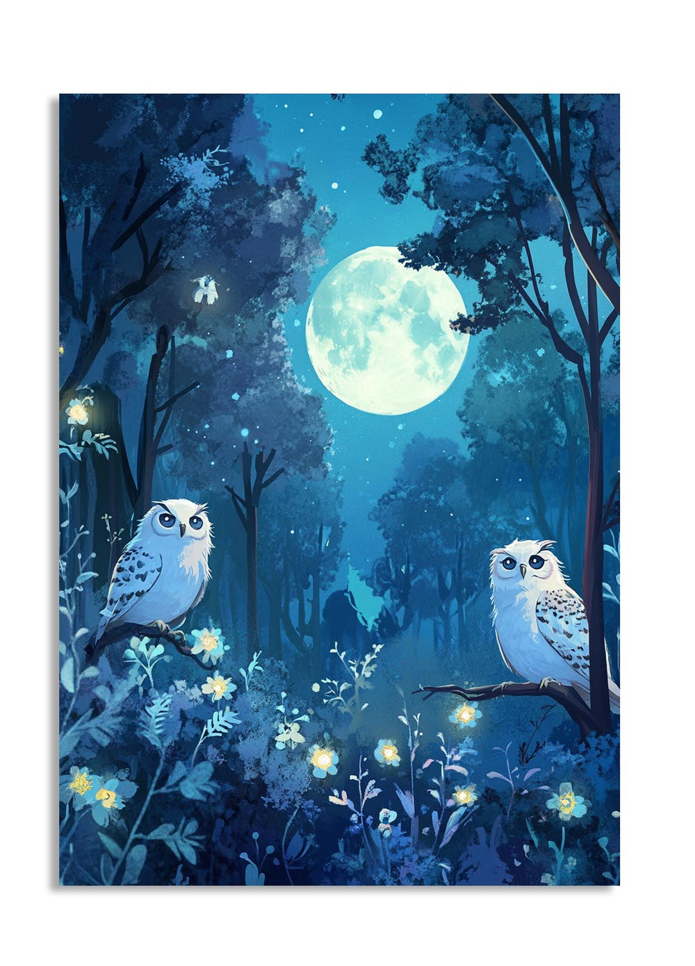 Two owls in a forest under a full moon, as a premium aluminum metal print from GoMetalPrint.