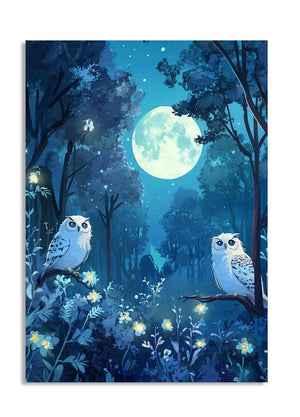Two owls in a forest under a full moon, as a premium aluminum metal print from GoMetalPrint.