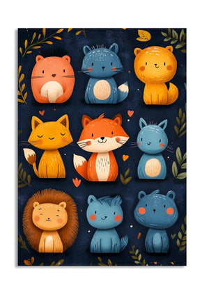 Illustration of cartoon animals including foxes and a lion on a dark blue background with leaves, as a premium aluminum metal print from GoMetalPrint.