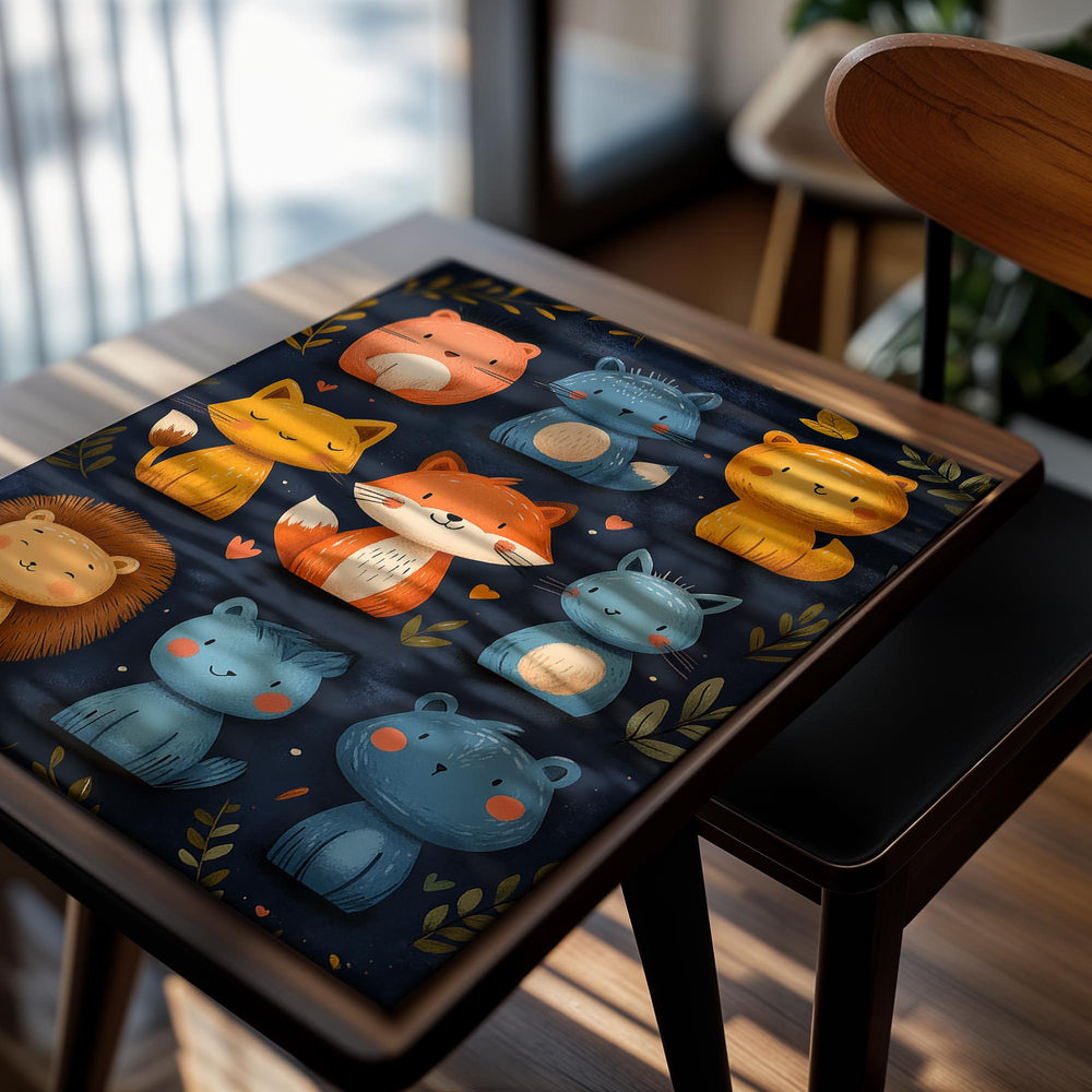Illustration of cartoon animals including foxes and a lion on a dark blue background with leaves, as a premium aluminum metal print from GoMetalPrint.
