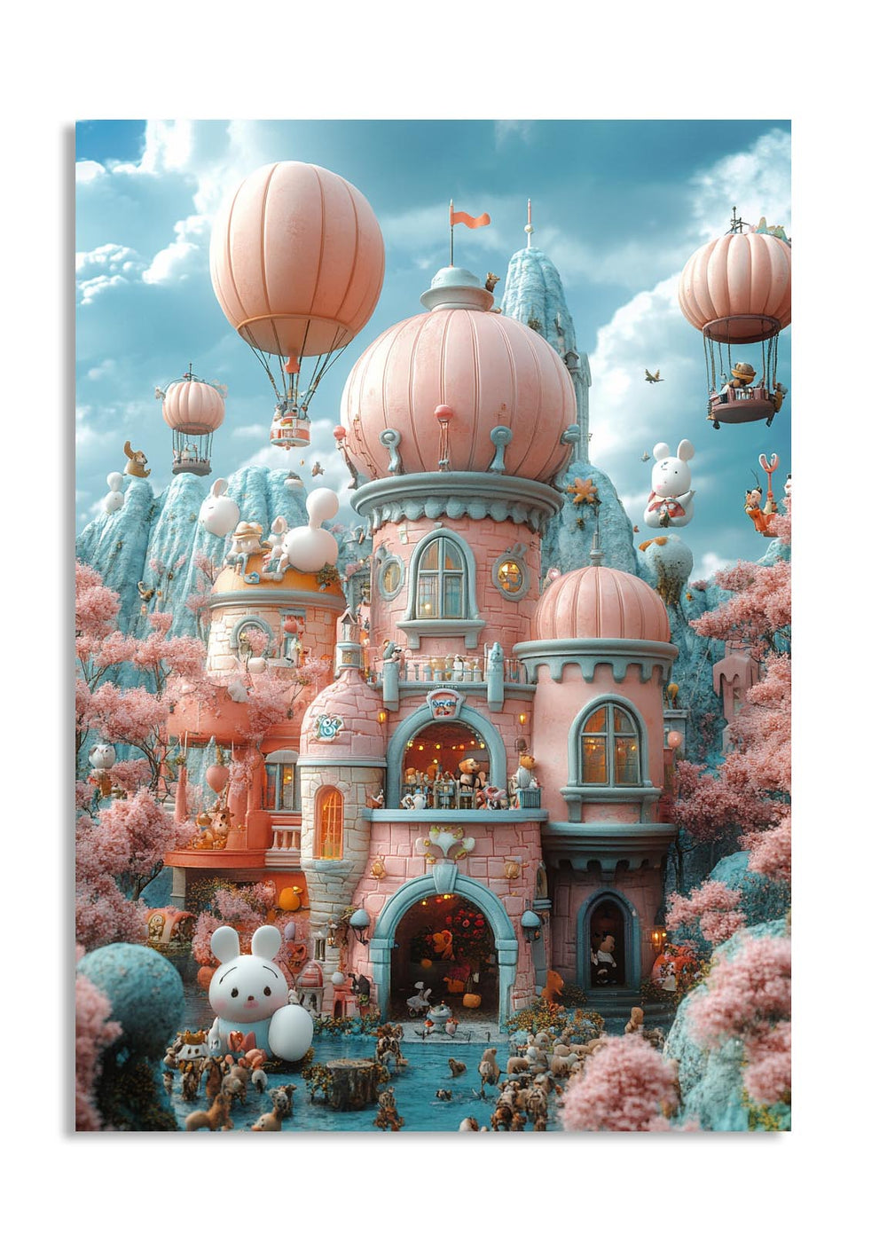 Fantasy castle with hot air balloons and cherry blossoms in a colorful sky, as a premium aluminum metal print from GoMetalPrint.