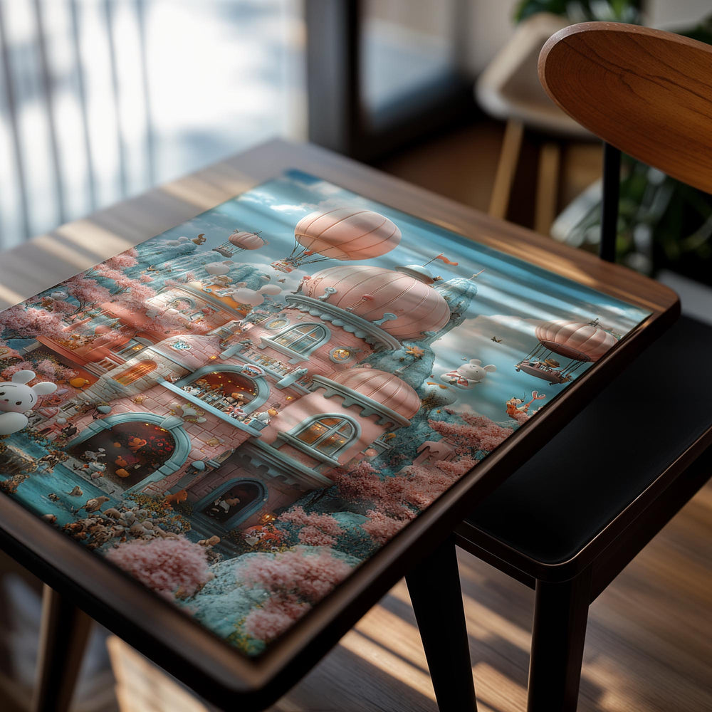 Fantasy castle with hot air balloons and cherry blossoms in a colorful sky, as a premium aluminum metal print from GoMetalPrint.