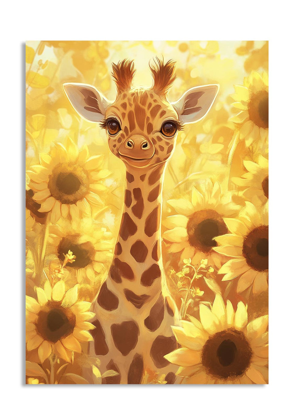 Giraffe surrounded by sunflowers on a yellow background, as a premium aluminum metal print from GoMetalPrint.
