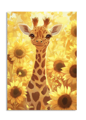 Giraffe surrounded by sunflowers on a yellow background, as a premium aluminum metal print from GoMetalPrint.
