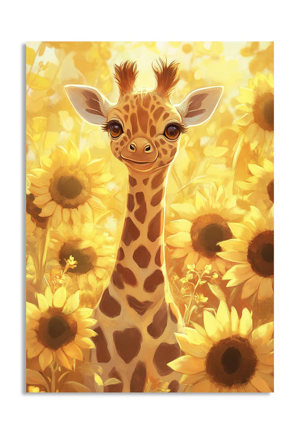 Giraffe surrounded by sunflowers on a yellow background, as a premium aluminum metal print from GoMetalPrint.
