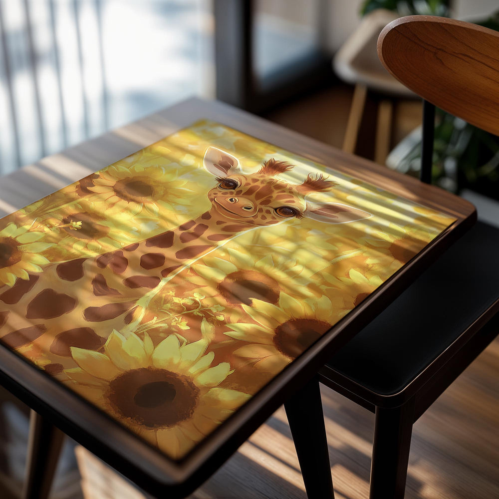 Giraffe surrounded by sunflowers on a yellow background, as a premium aluminum metal print from GoMetalPrint.
