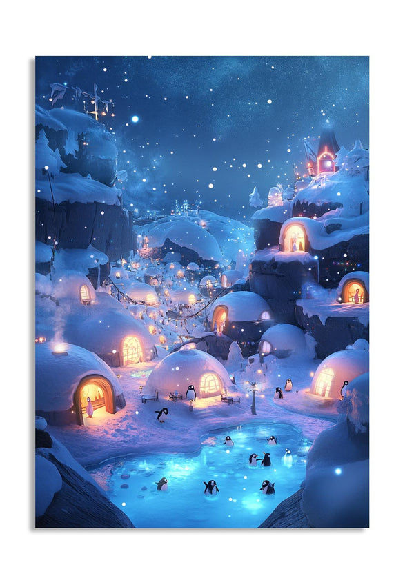 Snowy village with illuminated igloos and a frozen lake at night, as a premium aluminum metal print from GoMetalPrint.
