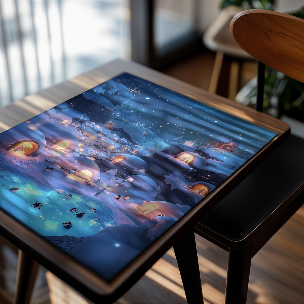 Snowy village with illuminated igloos and a frozen lake at night, as a premium aluminum metal print from GoMetalPrint.