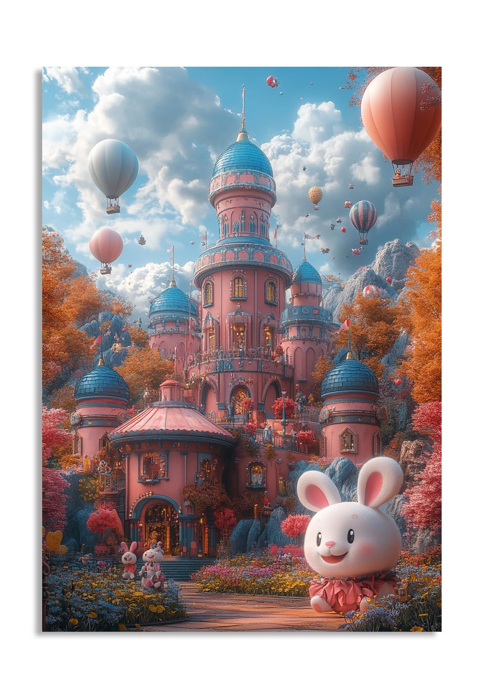 Fantasy castle with hot air balloons and a cartoon rabbit character in a colorful landscape, as a premium aluminum metal print from GoMetalPrint.