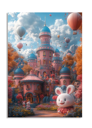 Fantasy castle with hot air balloons and a cartoon rabbit character in a colorful landscape, as a premium aluminum metal print from GoMetalPrint.