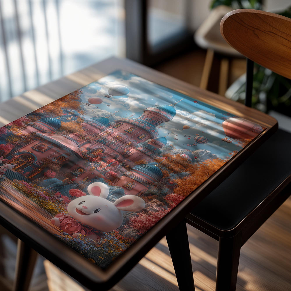Fantasy castle with hot air balloons and a cartoon rabbit character in a colorful landscape, as a premium aluminum metal print from GoMetalPrint.