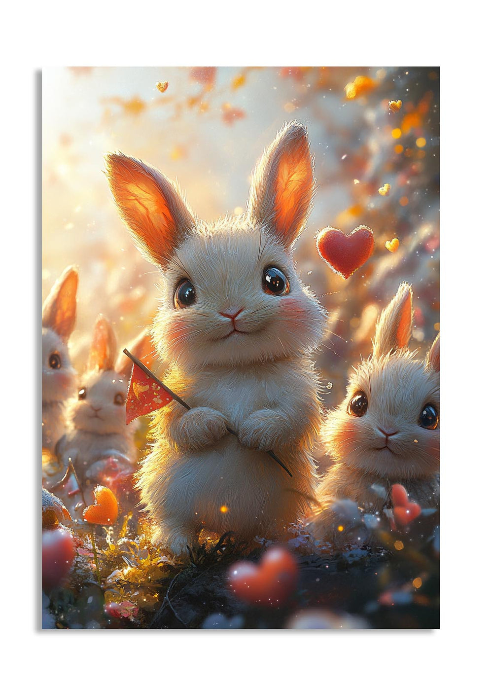 Illustration of a cute rabbit holding a heart flag with other rabbits in a warm, glowing background, as a premium aluminum metal print from GoMetalPrint.