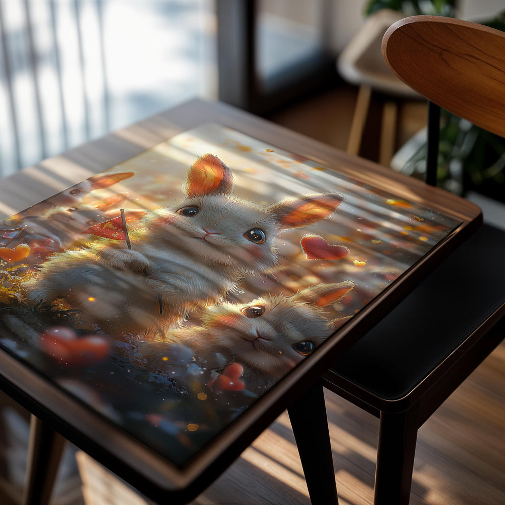 Illustration of a cute rabbit holding a heart flag with other rabbits in a warm, glowing background, as a premium aluminum metal print from GoMetalPrint.