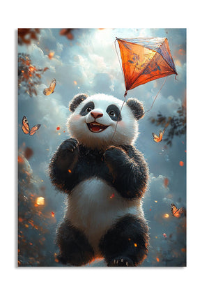 Panda holding a kite with butterflies in the background, as a premium aluminum metal print from GoMetalPrint.