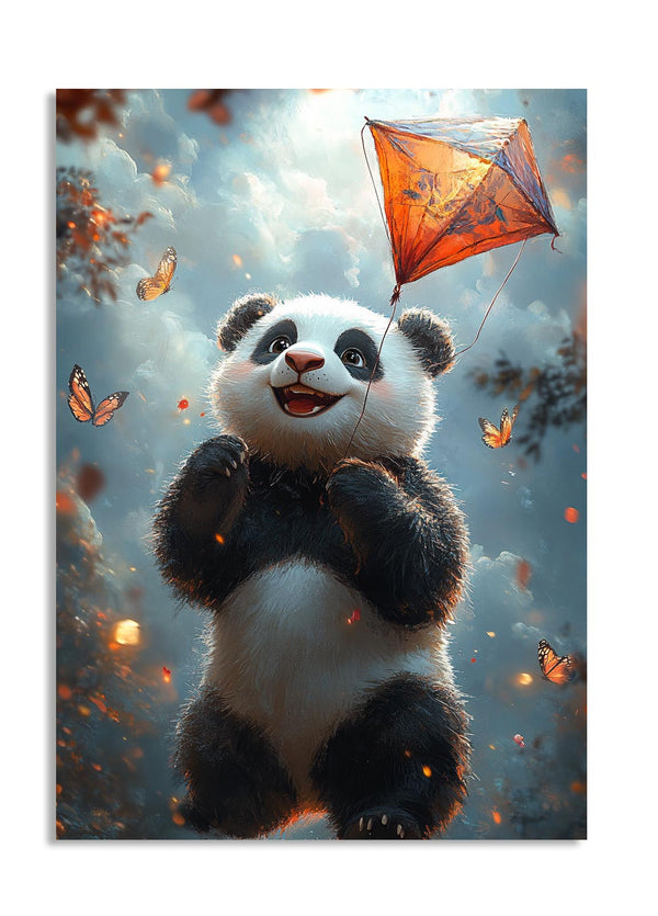 Panda holding a kite with butterflies in the background, as a premium aluminum metal print from GoMetalPrint.