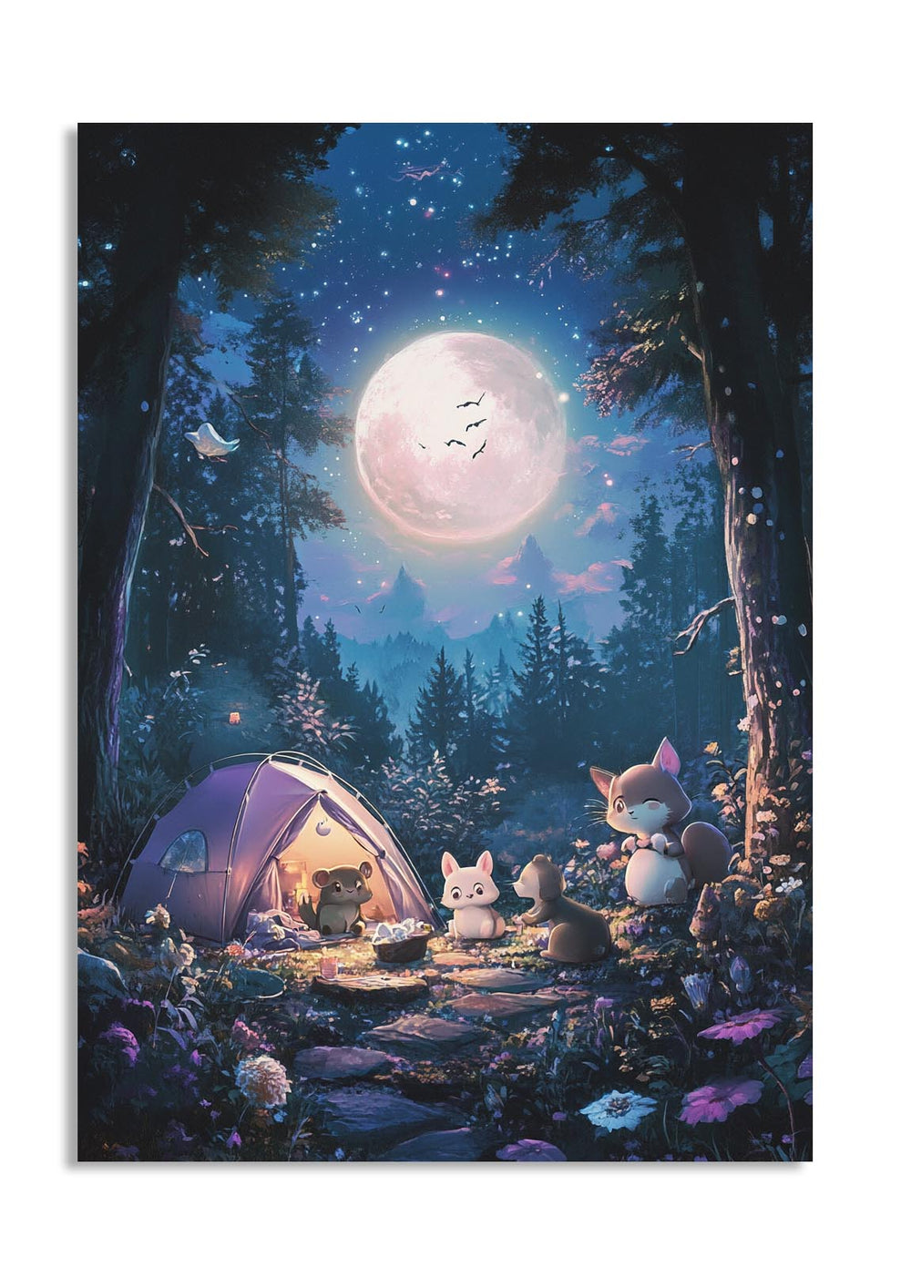 Cute animal characters around a tent in a forest under a large moon, as a premium aluminum metal print from GoMetalPrint.
