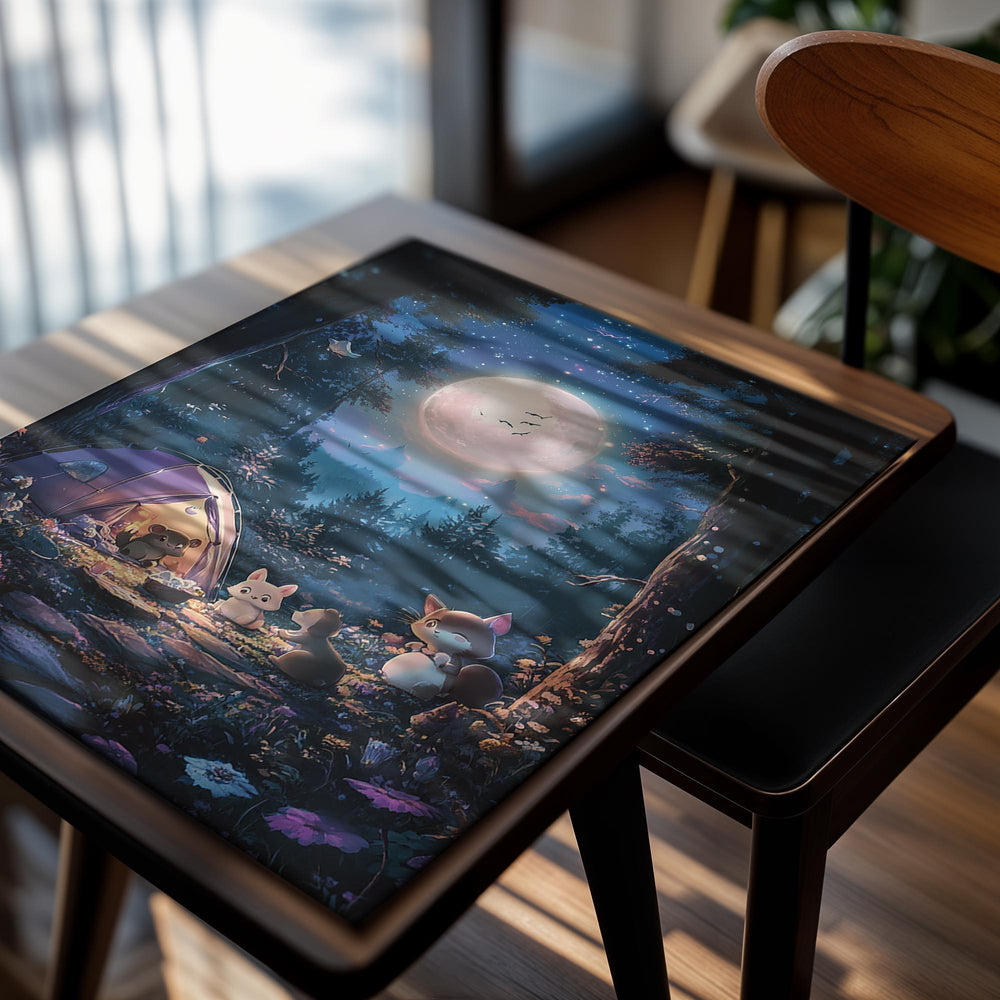 Cute animal characters around a tent in a forest under a large moon, as a premium aluminum metal print from GoMetalPrint.