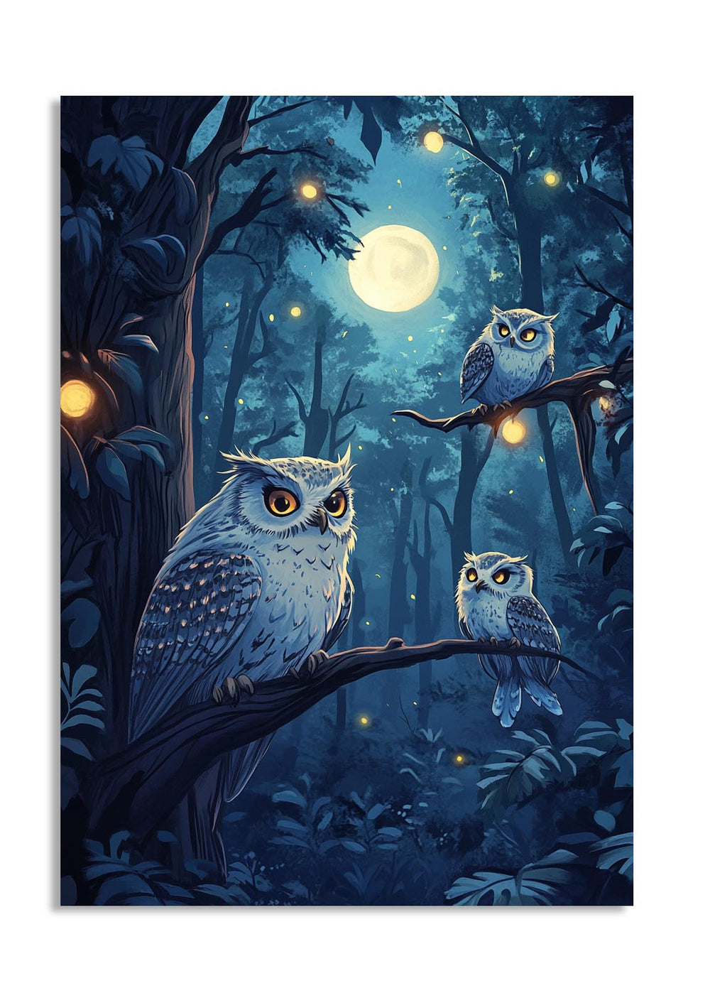 Illustration of owls in a forest at night with a full moon, as a premium aluminum metal print from GoMetalPrint.