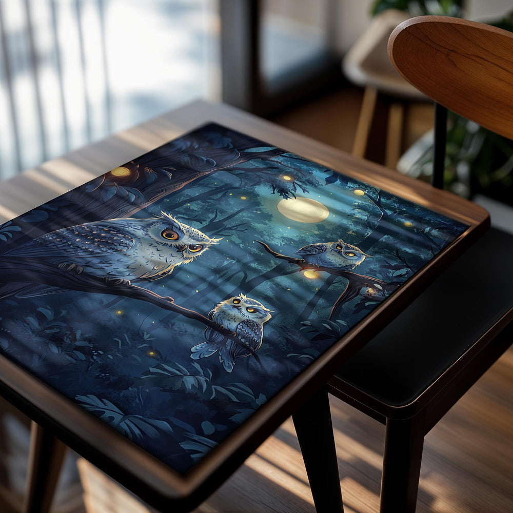 Illustration of owls in a forest at night with a full moon, as a premium aluminum metal print from GoMetalPrint.