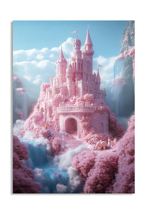 Pink castle in a fantasy landscape with clouds and trees, as a premium aluminum metal print from GoMetalPrint.