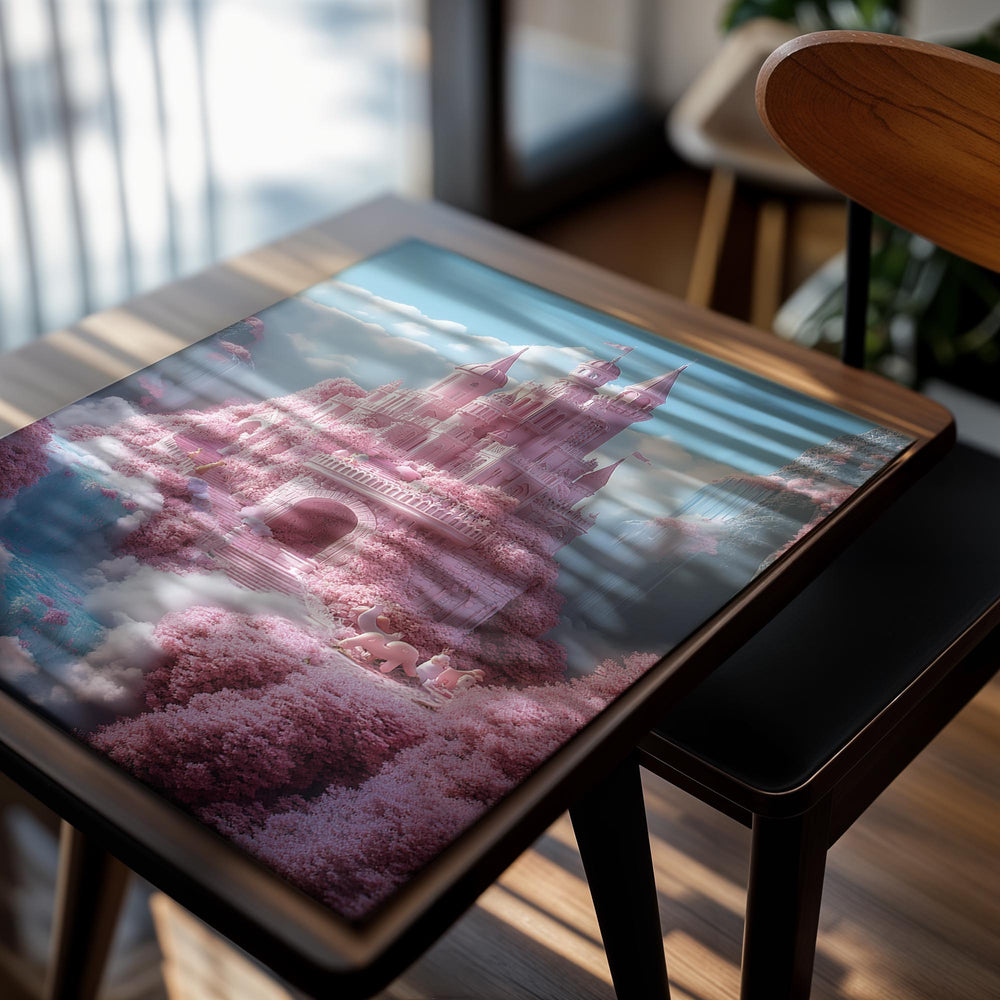 Pink castle in a fantasy landscape with clouds and trees, as a premium aluminum metal print from GoMetalPrint.