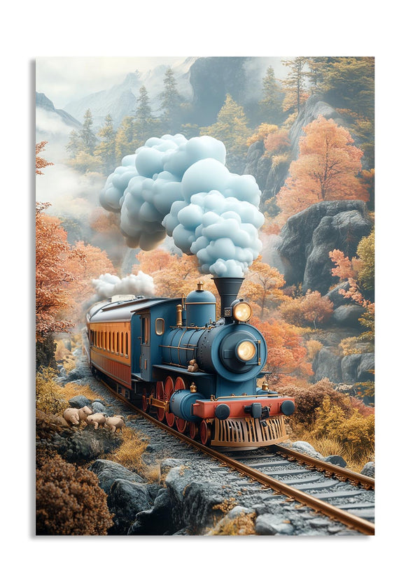 Blue steam train on a mountain track with autumn foliage, as a premium aluminum metal print from GoMetalPrint.