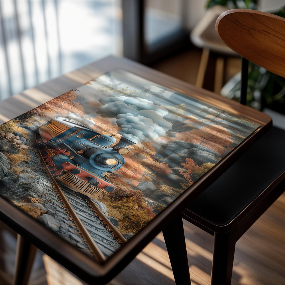 Blue steam train on a mountain track with autumn foliage, as a premium aluminum metal print from GoMetalPrint.