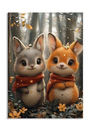 Two cartoon foxes in a forest setting with autumn leaves, as a premium aluminum metal print from GoMetalPrint.