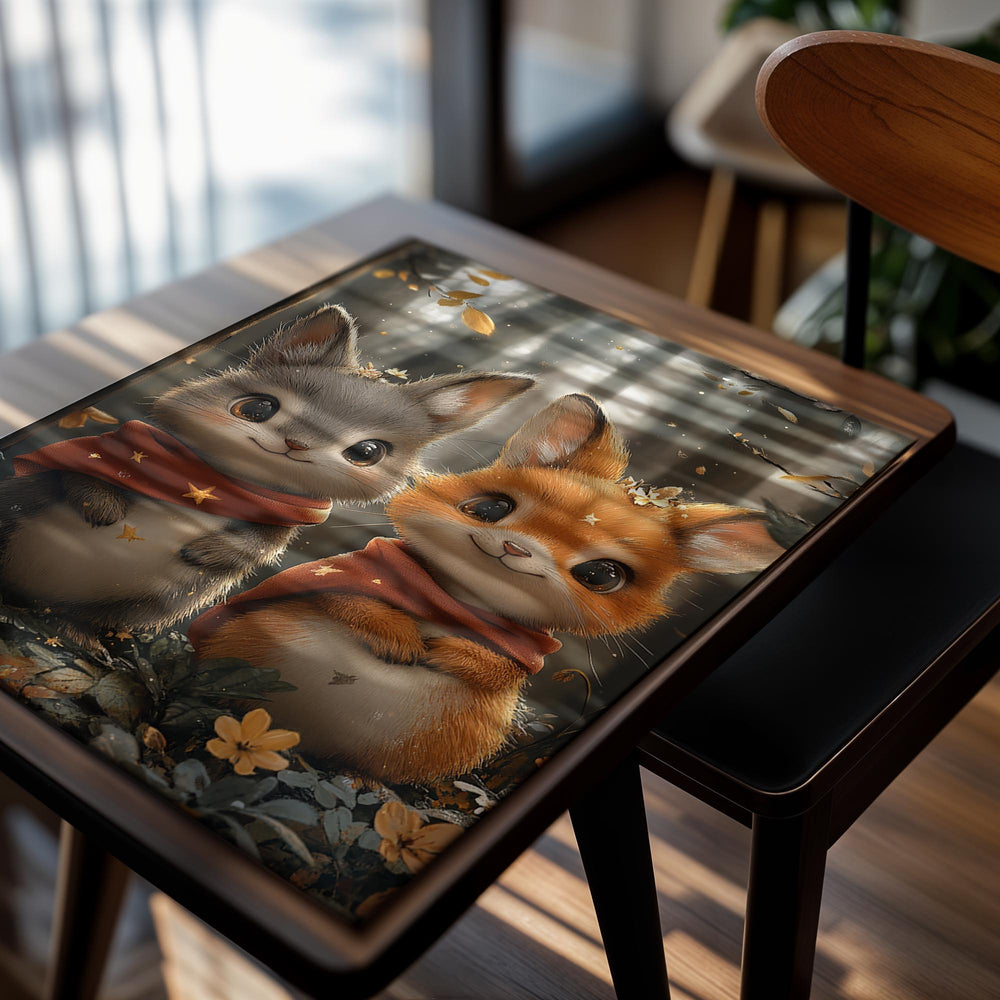 Two cartoon foxes in a forest setting with autumn leaves, as a premium aluminum metal print from GoMetalPrint.