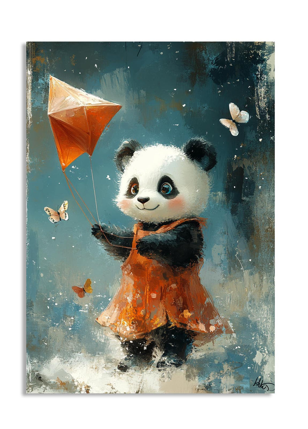 Painting of a panda holding an orange kite with butterflies in the background, as a premium aluminum metal print from GoMetalPrint.