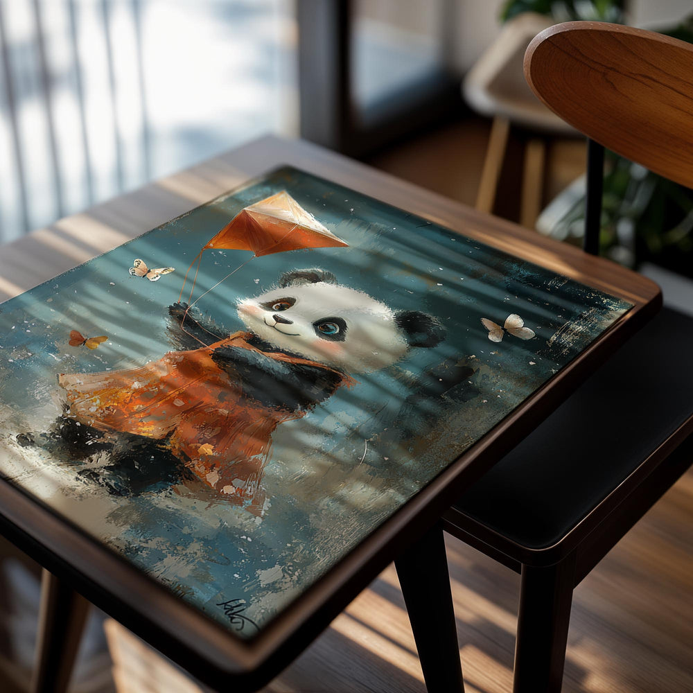 Painting of a panda holding an orange kite with butterflies in the background, as a premium aluminum metal print from GoMetalPrint.