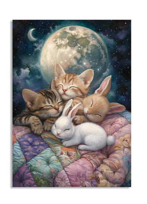 Illustration of a cat, rabbit, and fox sleeping together under a starry sky with a large moon, as a premium aluminum metal print from GoMetalPrint.