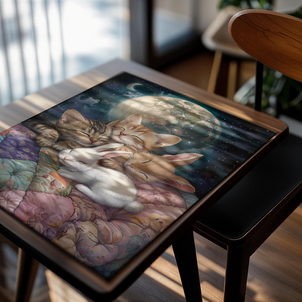 Illustration of a cat, rabbit, and fox sleeping together under a starry sky with a large moon, as a premium aluminum metal print from GoMetalPrint.