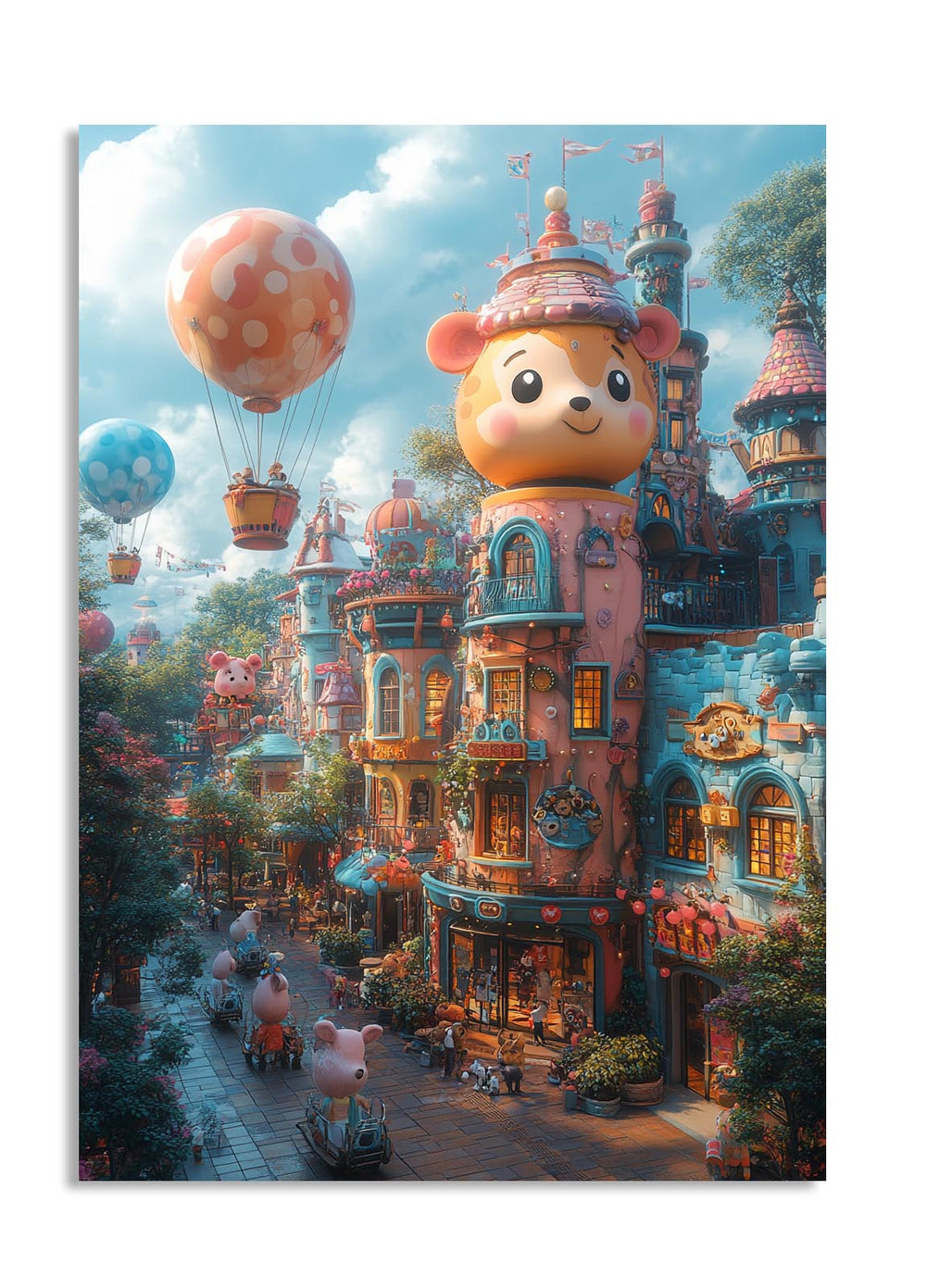 Fantasy cityscape with cartoonish buildings and balloons in a whimsical town setting, as a premium aluminum metal print from GoMetalPrint.
