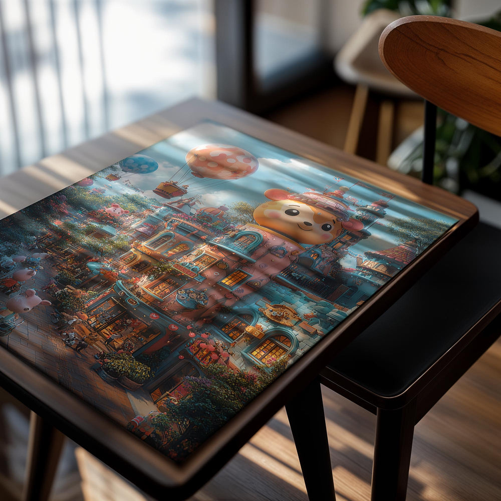 Fantasy cityscape with cartoonish buildings and balloons in a whimsical town setting, as a premium aluminum metal print from GoMetalPrint.
