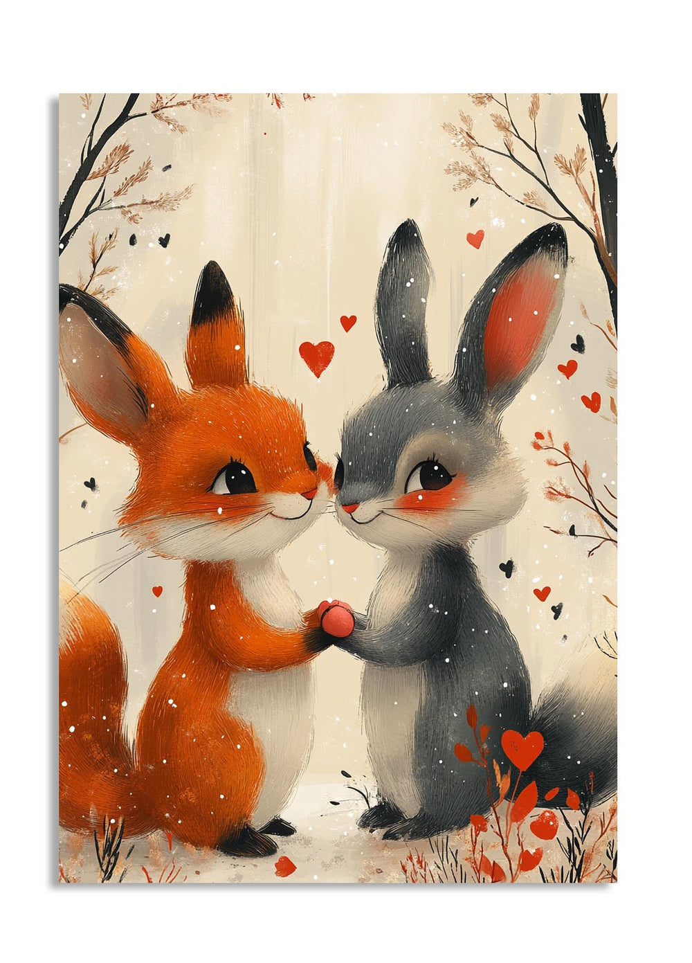 Illustration of a fox and a rabbit holding hands with hearts around them on a snowy background, as a premium aluminum metal print from GoMetalPrint.