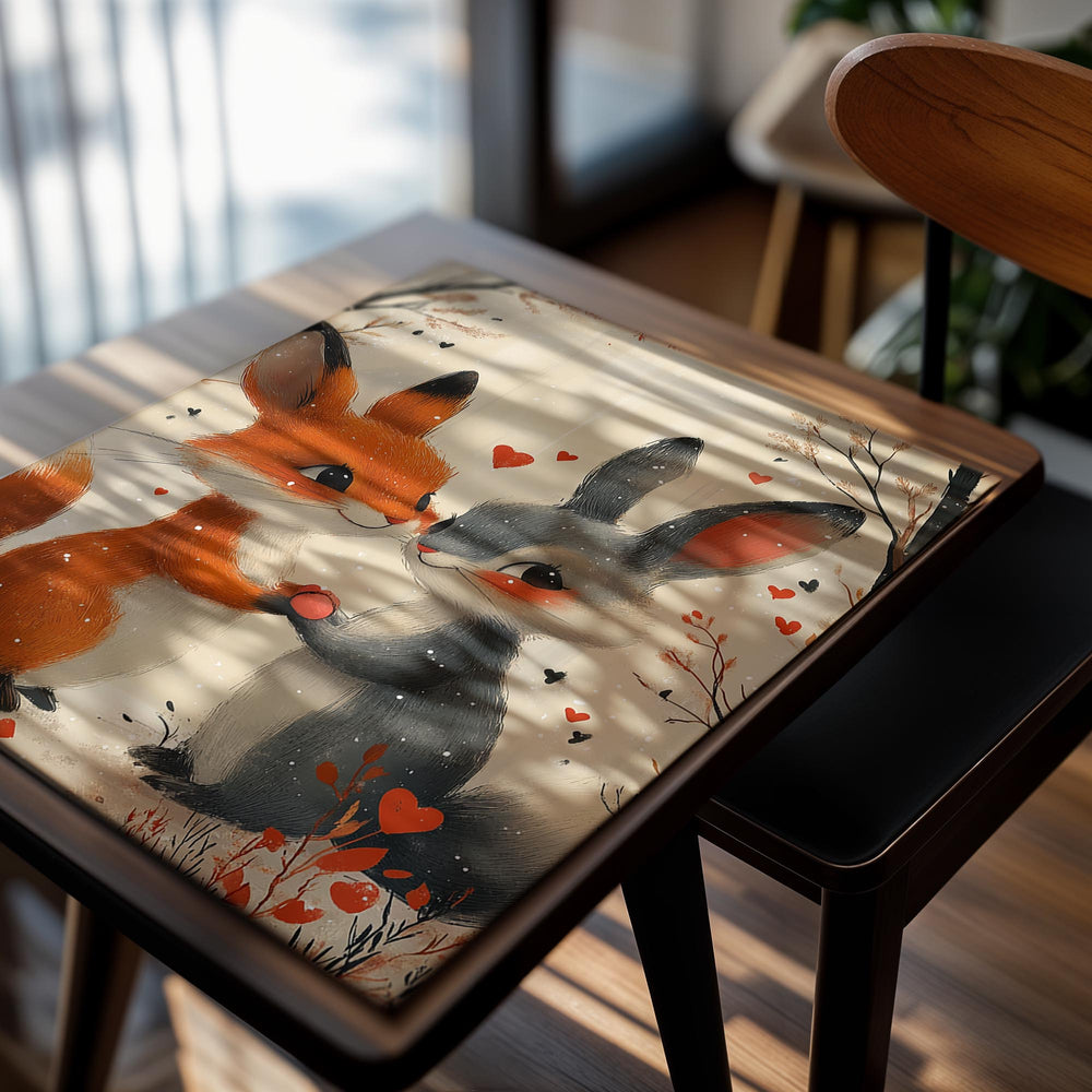 Illustration of a fox and a rabbit holding hands with hearts around them on a snowy background, as a premium aluminum metal print from GoMetalPrint.