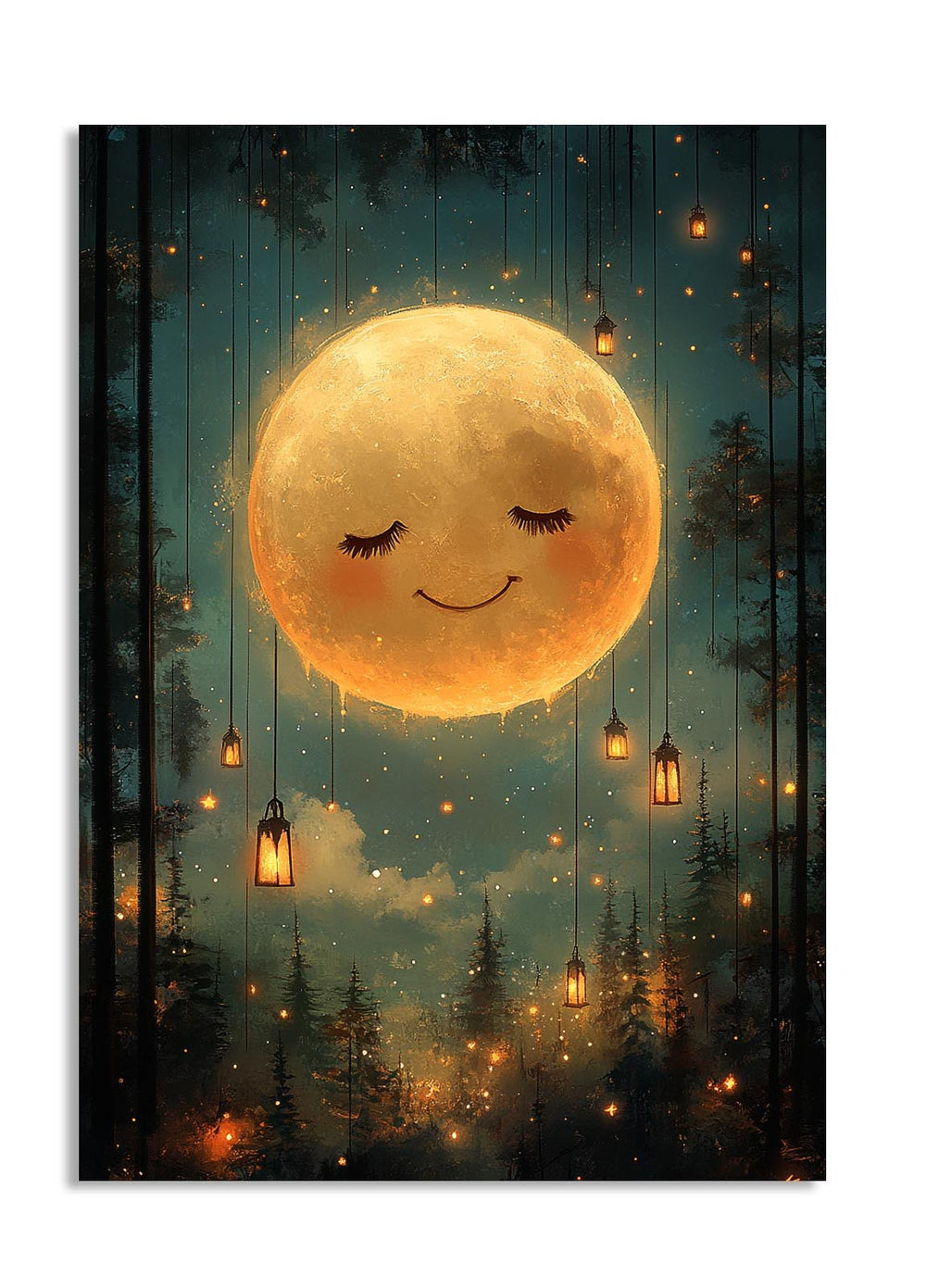 Illustration of a smiling moon in a forest with hanging lanterns, as a premium aluminum metal print from GoMetalPrint.