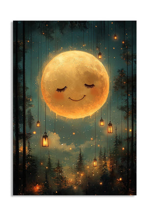 Illustration of a smiling moon in a forest with hanging lanterns, as a premium aluminum metal print from GoMetalPrint.