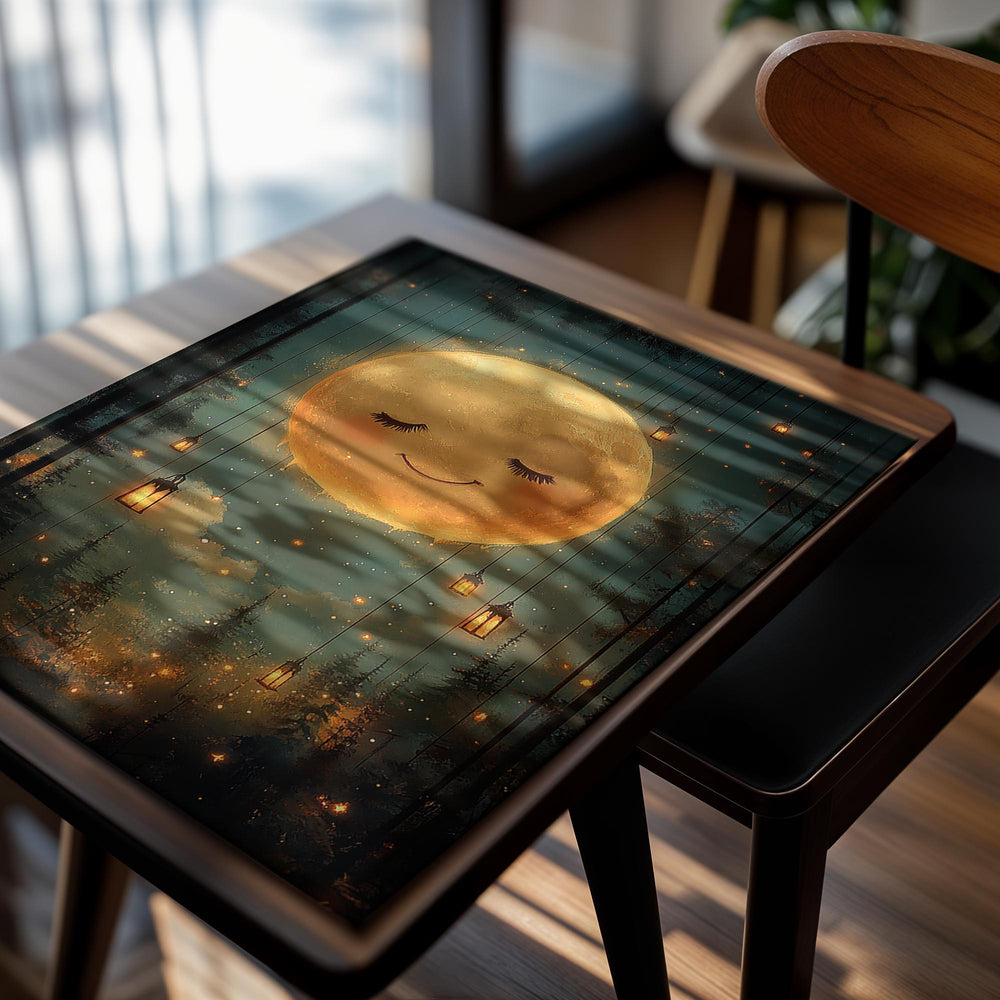 Illustration of a smiling moon in a forest with hanging lanterns, as a premium aluminum metal print from GoMetalPrint.