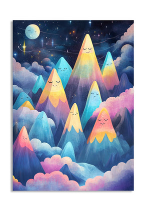 Colorful mountain illustration with faces against a starry night sky, as a premium aluminum metal print from GoMetalPrint.