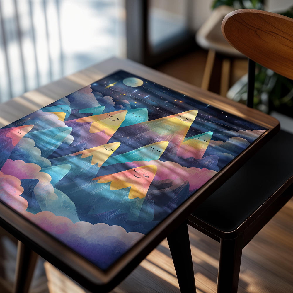 Colorful mountain illustration with faces against a starry night sky, as a premium aluminum metal print from GoMetalPrint.